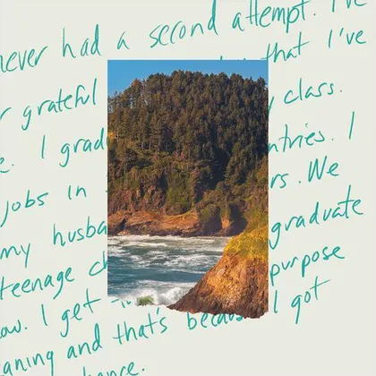Handwritten note behind a photo of nature